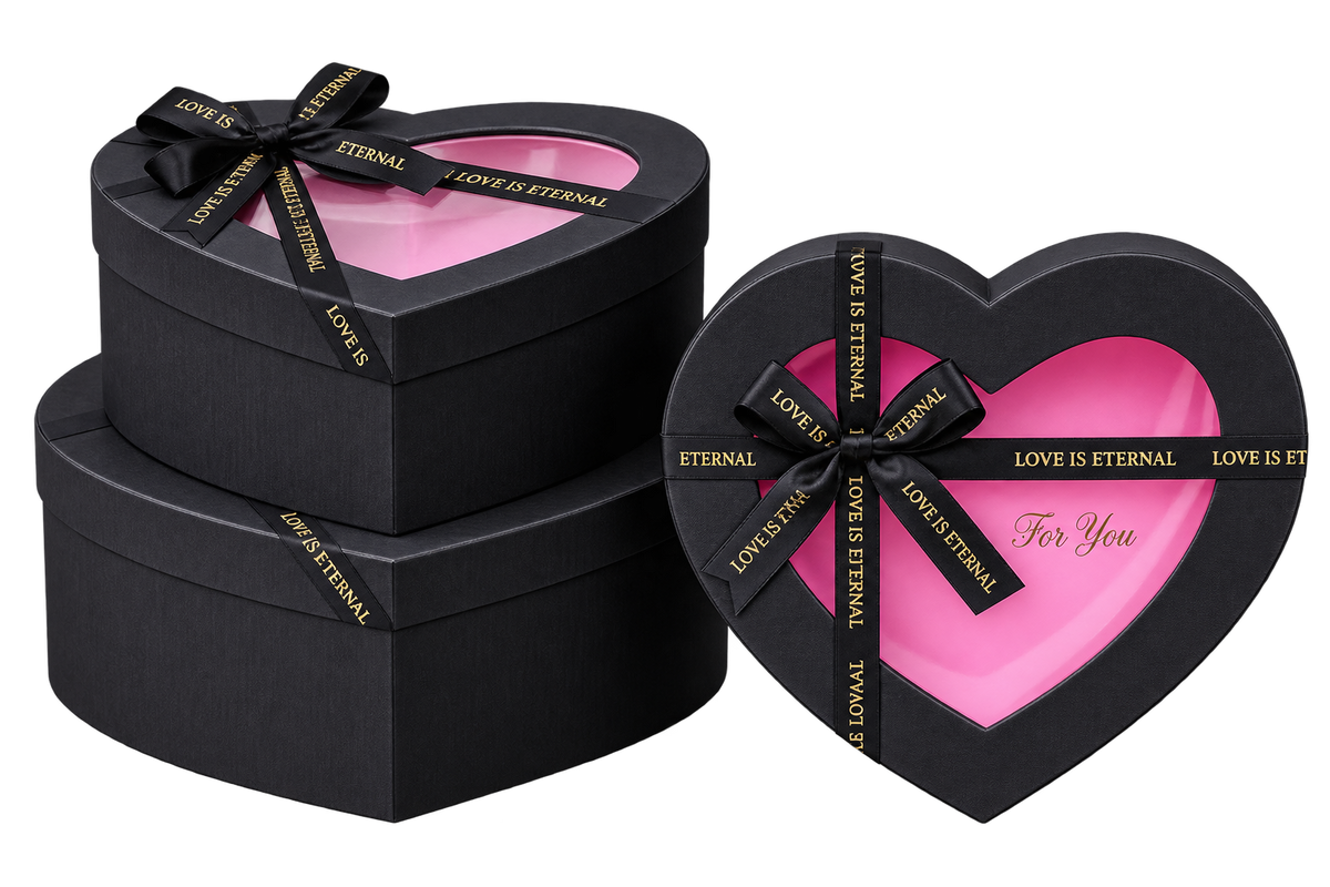 Set 3 Cajas Corazón con Visor y Moña
