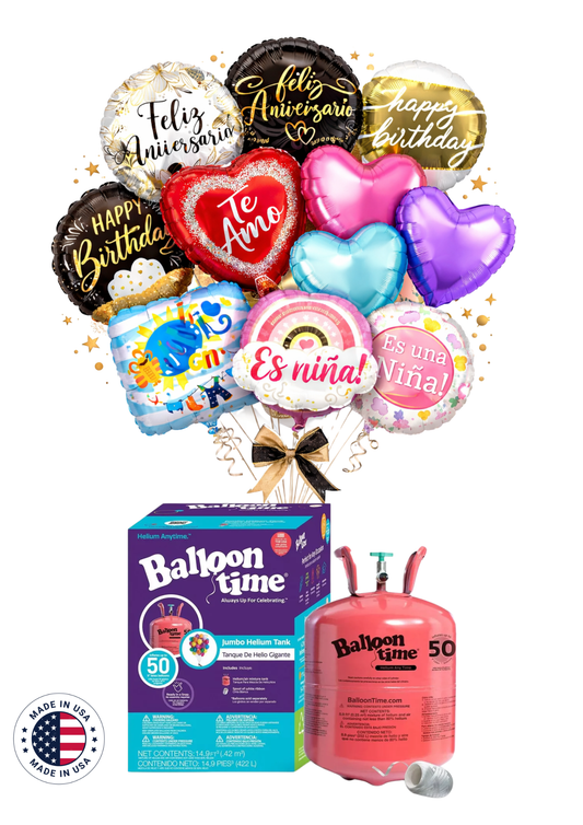 Garrafa de helio + 12 globos 18" lisos + 12 globos 18" con diseño